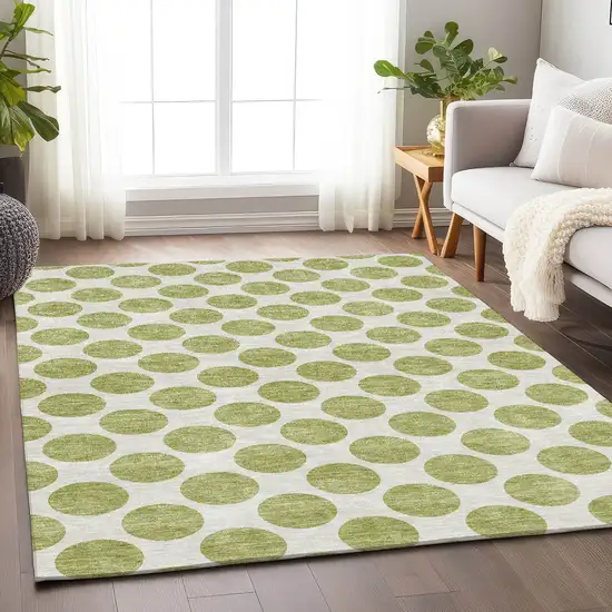 Artichoke Green And Ivory Polka Dot Washable Area Rug With UV Protection Photo 3