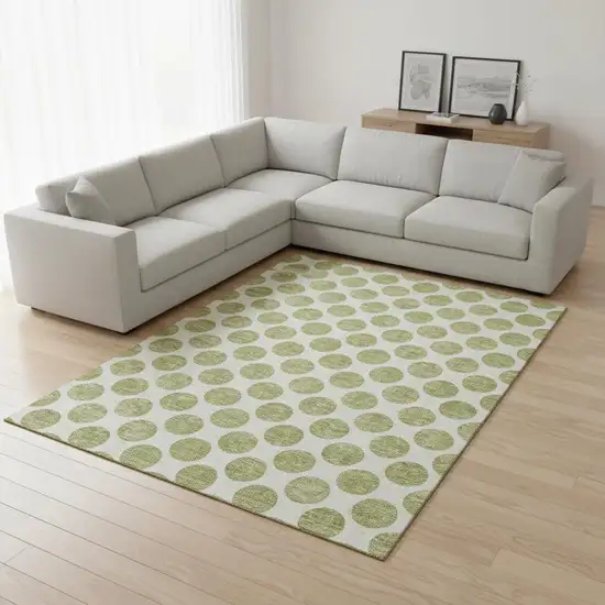 Artichoke Green And Ivory Polka Dot Washable Area Rug With UV Protection Photo 2