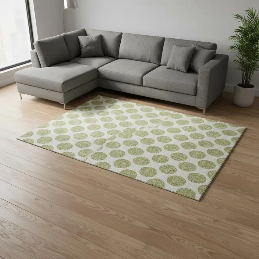Artichoke Green And Ivory Polka Dot Washable Area Rug With UV Protection Photo 2