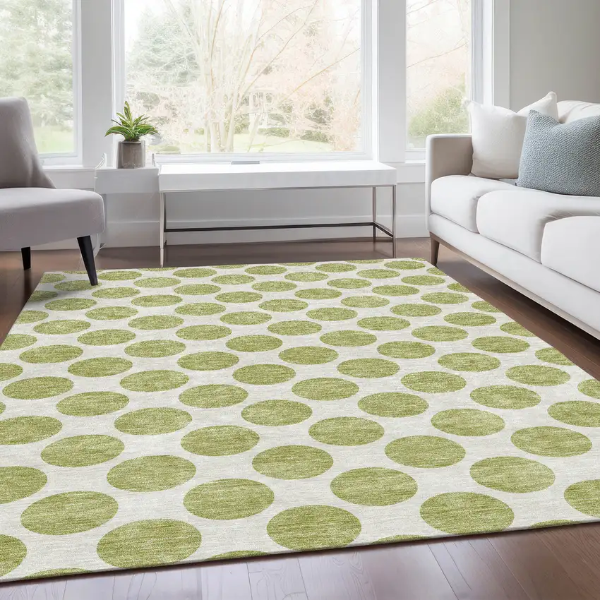 Artichoke Green And Ivory Polka Dot Washable Area Rug With UV Protection Photo 5