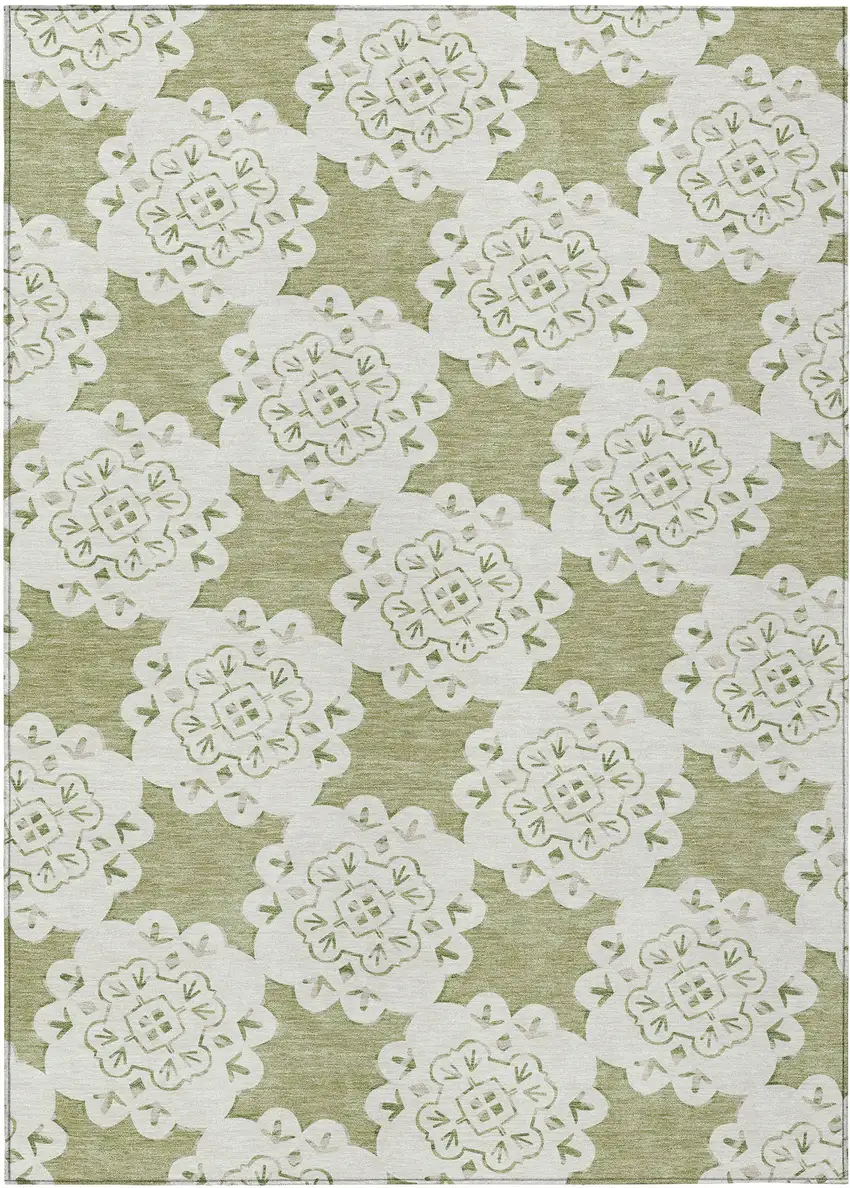 Artichoke Green And Ivory Quatrefoil Washable Indoor Outdoor Area Rug Photo 2
