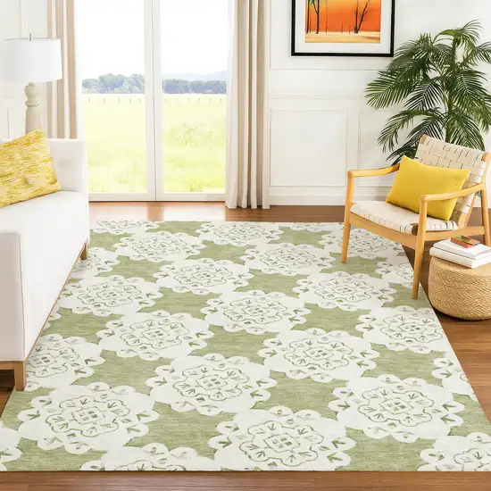 Artichoke Green And Ivory Quatrefoil Washable Indoor Outdoor Area Rug Photo 8