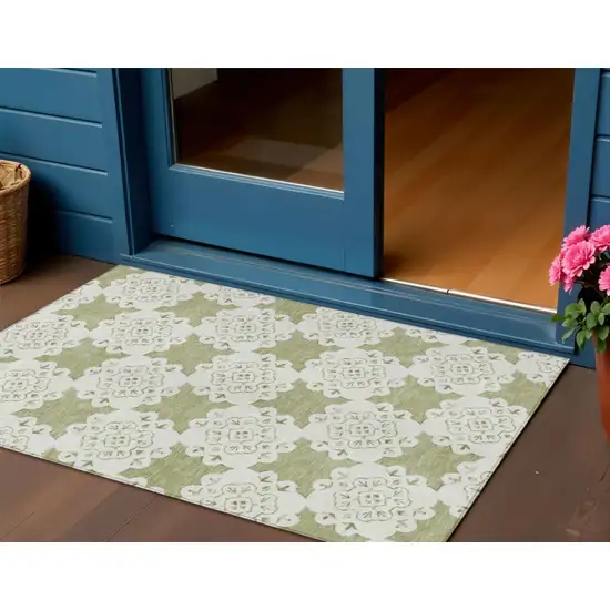 Artichoke Green And Ivory Quatrefoil Washable Indoor Outdoor Area Rug Photo 1