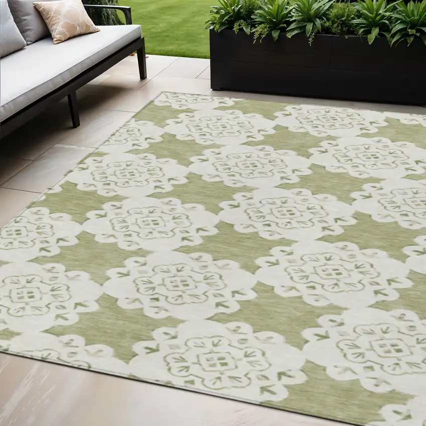 Artichoke Green And Ivory Quatrefoil Washable Indoor Outdoor Area Rug Photo 1