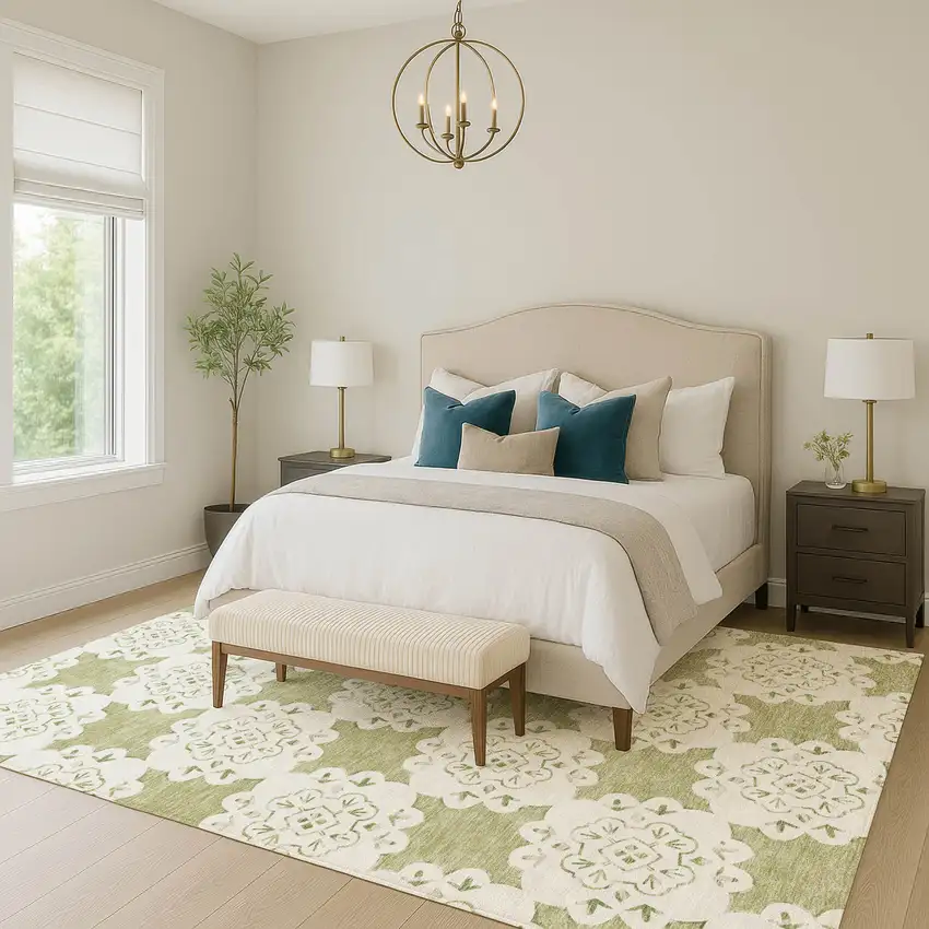 Artichoke Green And Ivory Quatrefoil Washable Indoor Outdoor Area Rug Photo 7