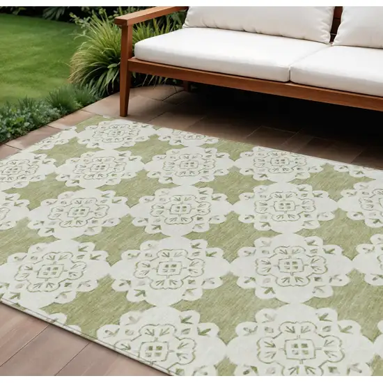 Artichoke Green And Ivory Quatrefoil Washable Indoor Outdoor Area Rug Photo 1