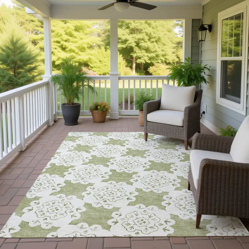 Artichoke Green And Ivory Quatrefoil Washable Indoor Outdoor Area Rug Photo 9