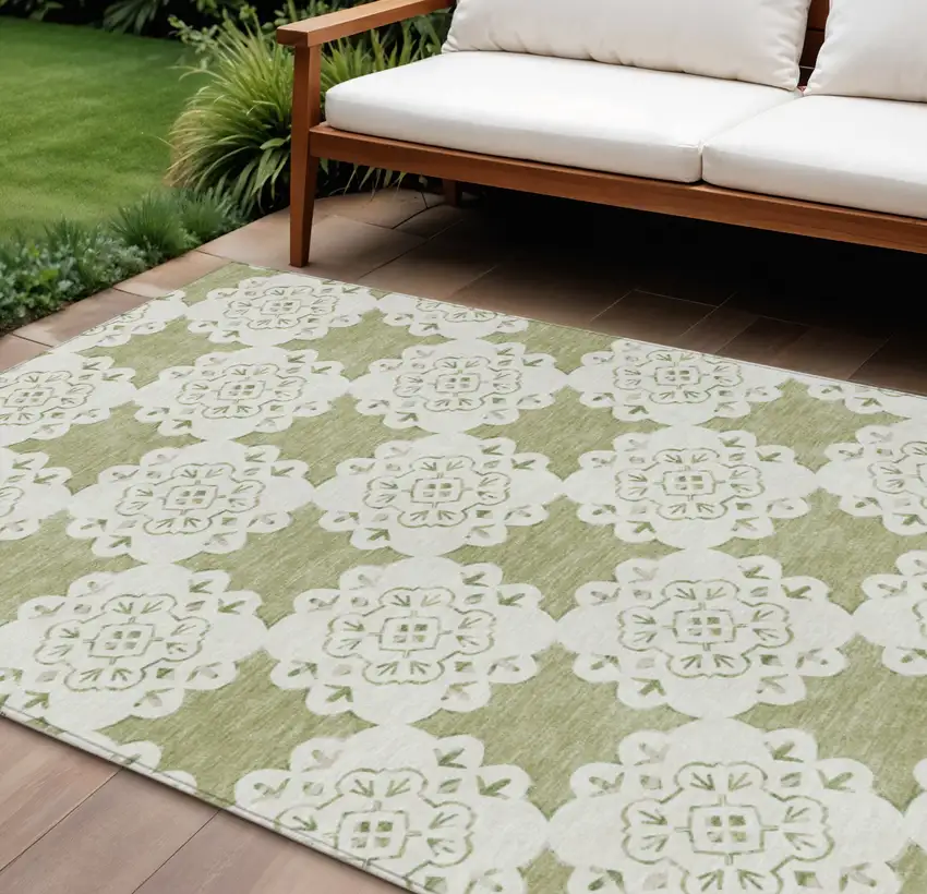 Artichoke Green And Ivory Quatrefoil Washable Indoor Outdoor Area Rug Photo 1