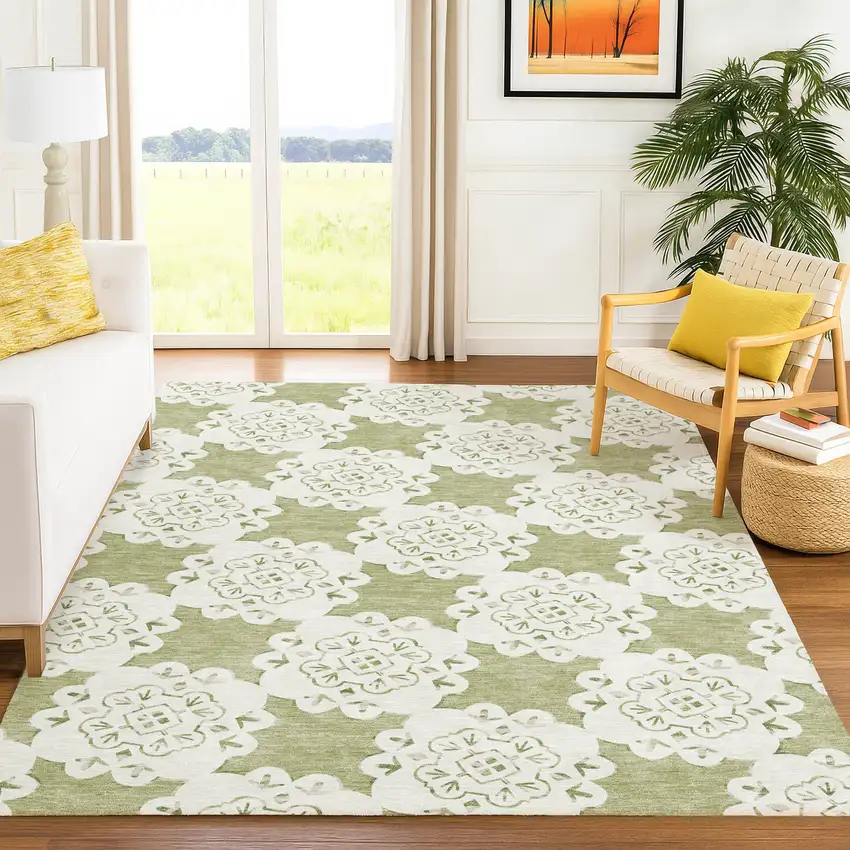 Artichoke Green And Ivory Quatrefoil Washable Indoor Outdoor Area Rug Photo 9