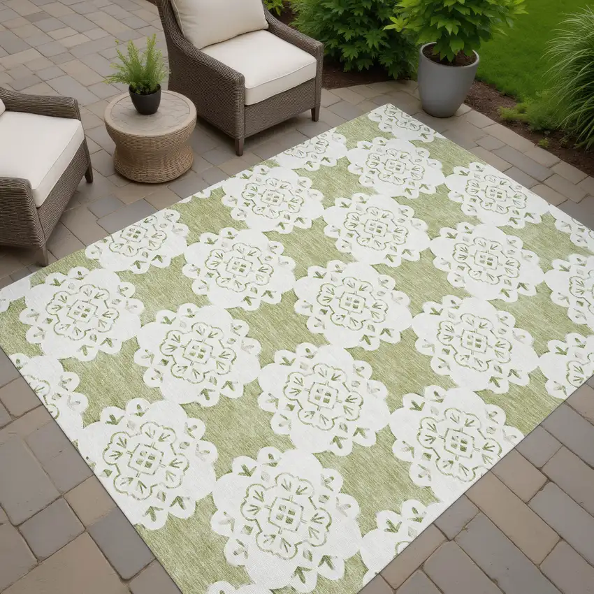 Artichoke Green And Ivory Quatrefoil Washable Indoor Outdoor Area Rug Photo 7