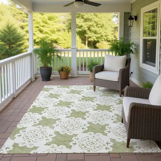 Artichoke Green And Ivory Quatrefoil Washable Indoor Outdoor Area Rug Photo 9