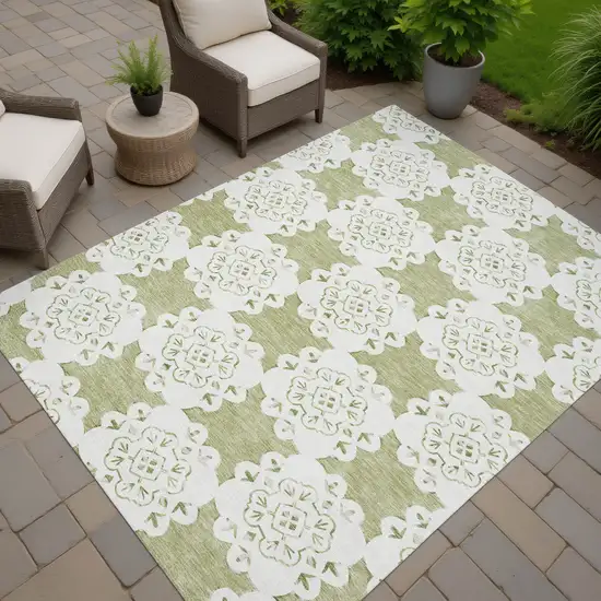 Artichoke Green And Ivory Quatrefoil Washable Indoor Outdoor Area Rug Photo 6