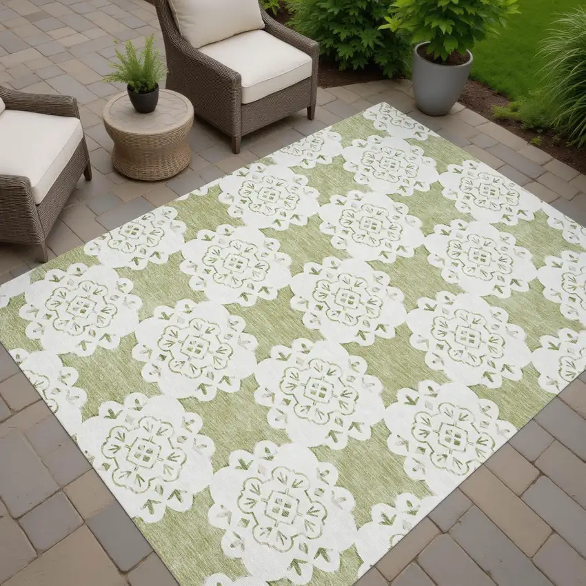 Artichoke Green And Ivory Quatrefoil Washable Indoor Outdoor Area Rug Photo 5