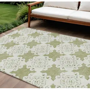 Photo of Artichoke Green And Ivory Quatrefoil Washable Indoor Outdoor Area Rug