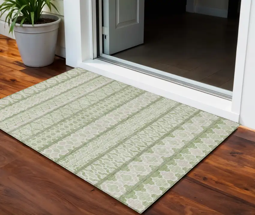Artichoke Green And Ivory Quatrefoil Washable Indoor Outdoor Area Rug Photo 1