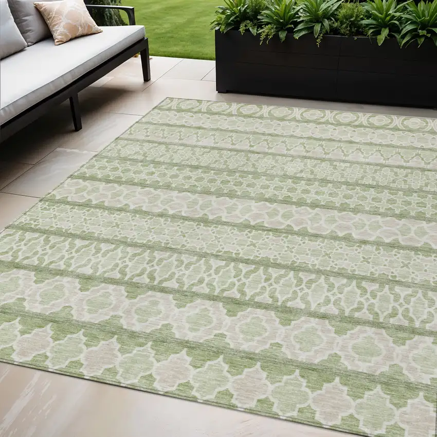 Artichoke Green And Ivory Quatrefoil Washable Indoor Outdoor Area Rug Photo 1
