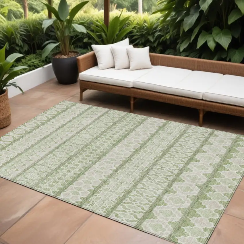 Artichoke Green And Ivory Quatrefoil Washable Indoor Outdoor Area Rug Photo 1