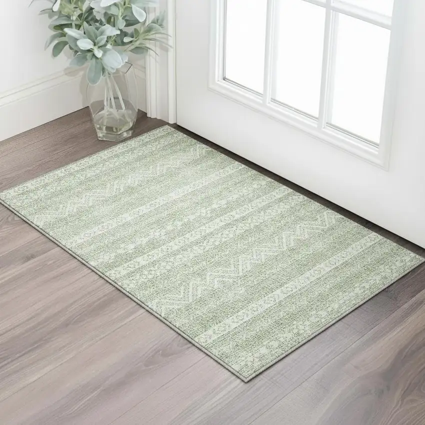 Artichoke Green And Ivory Southwestern Washable Area Rug With UV Protection Photo 2