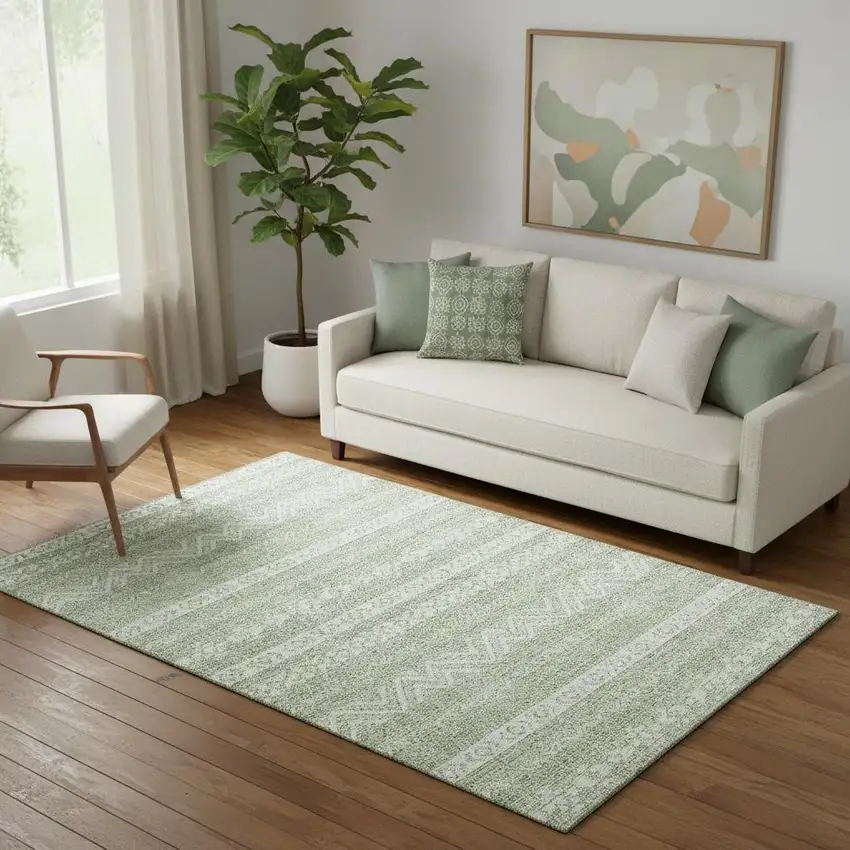 Artichoke Green And Ivory Southwestern Washable Area Rug With UV Protection Photo 1