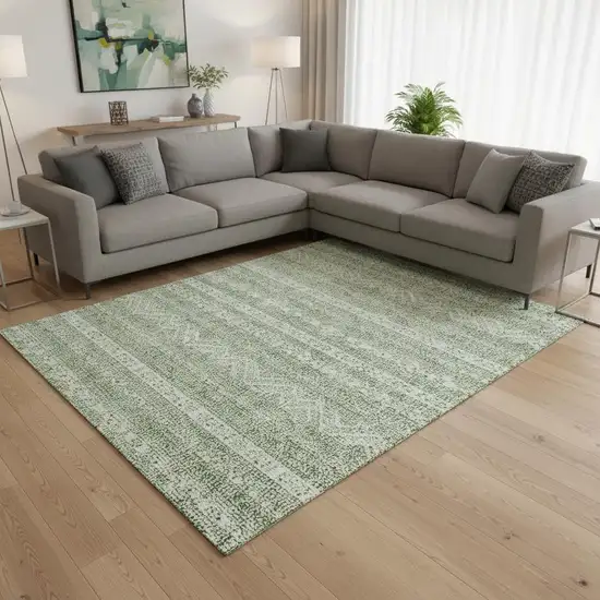 Artichoke Green And Ivory Southwestern Washable Area Rug With UV Protection Photo 2