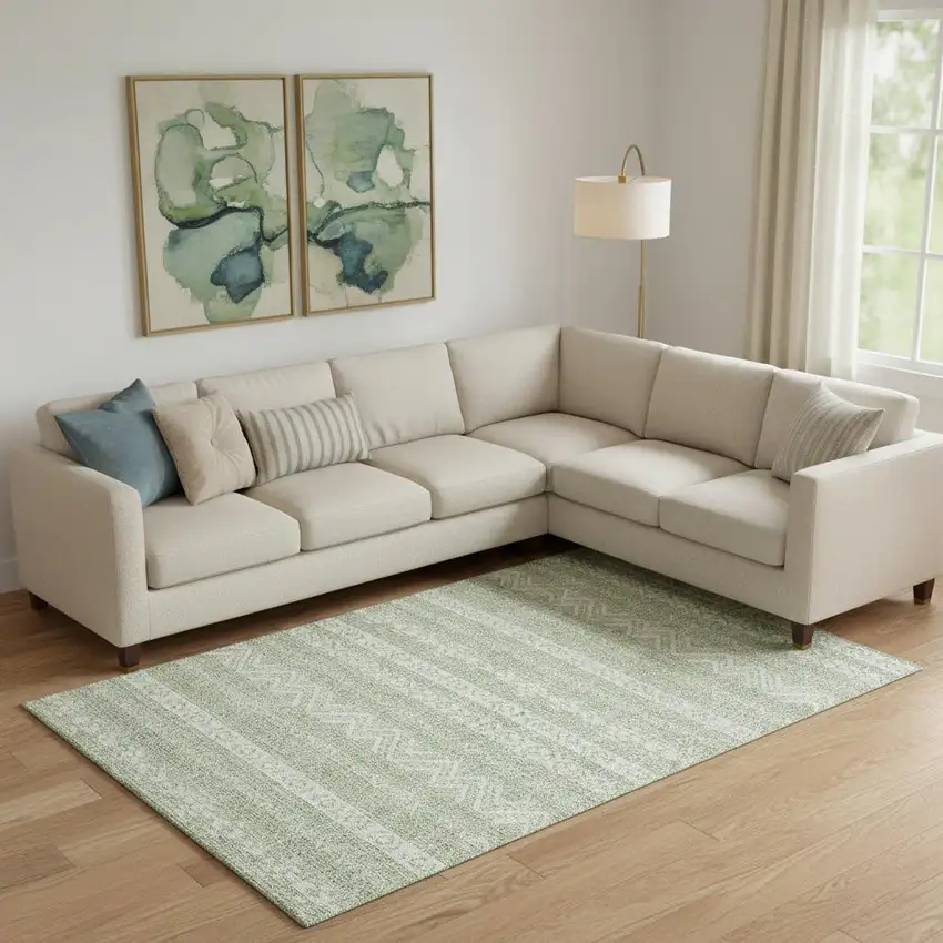 Artichoke Green And Ivory Southwestern Washable Area Rug With UV Protection Photo 1