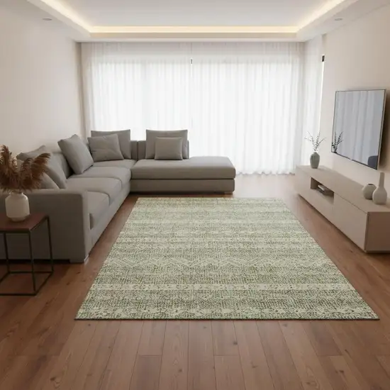 Artichoke Green And Ivory Southwestern Washable Area Rug With UV Protection Photo 2