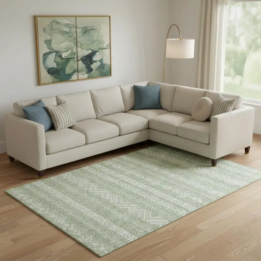 Artichoke Green And Ivory Southwestern Washable Area Rug With UV Protection Photo 1