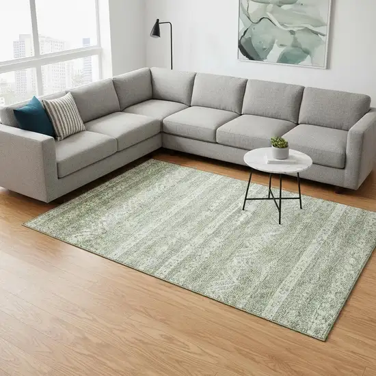 Artichoke Green And Ivory Southwestern Washable Area Rug With UV Protection Photo 2