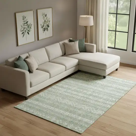 Artichoke Green And Ivory Southwestern Washable Area Rug With UV Protection Photo 1