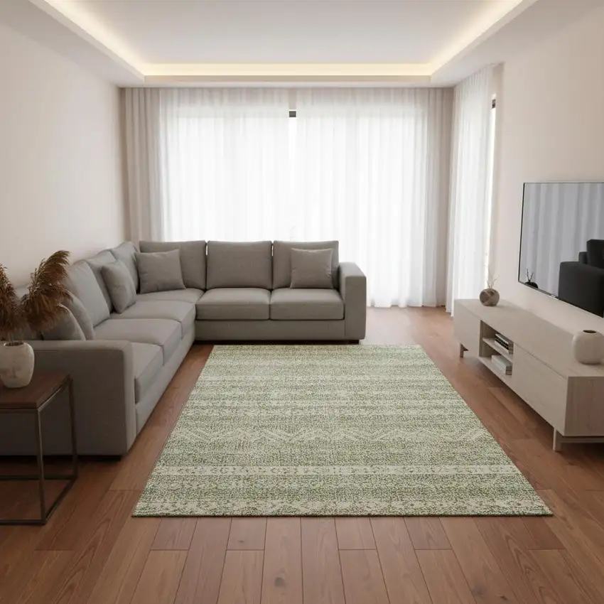 Artichoke Green And Ivory Southwestern Washable Area Rug With UV Protection Photo 2