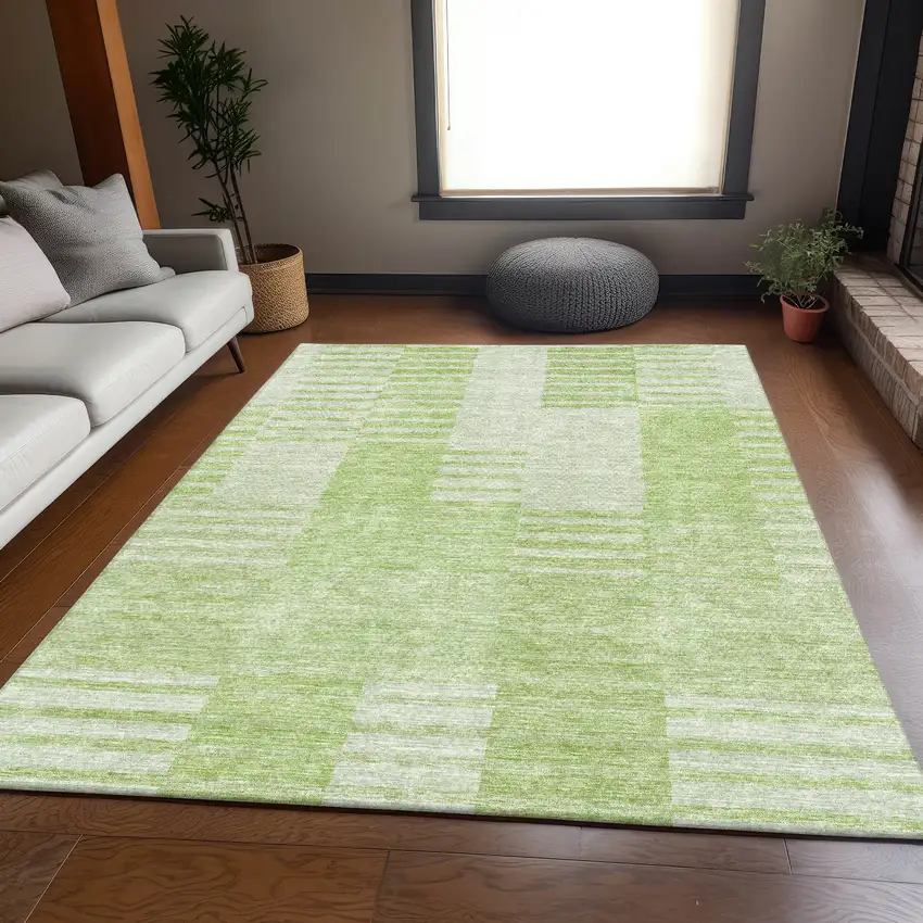 Artichoke Green And Ivory Striped Washable Area Rug With UV Protection Photo 6