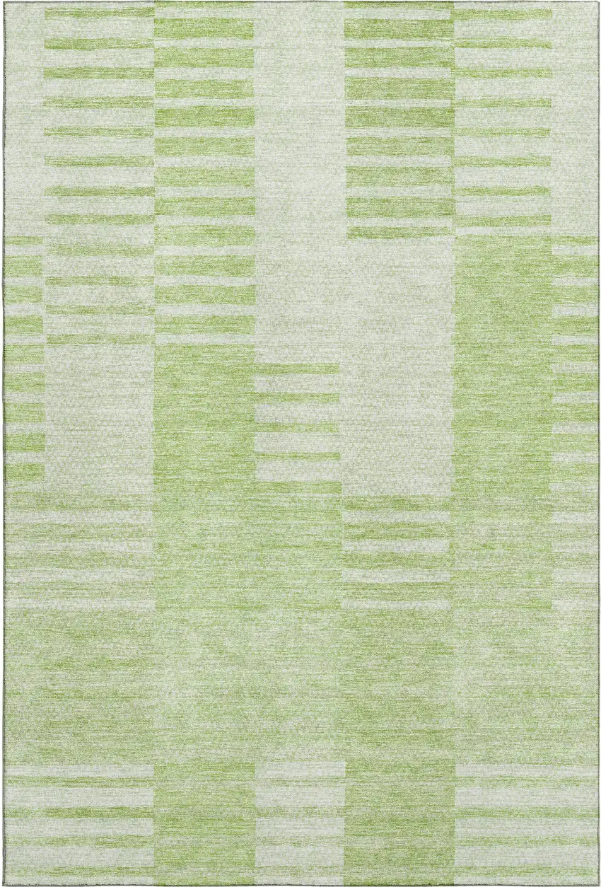 Artichoke Green And Ivory Striped Washable Area Rug With UV Protection Photo 1