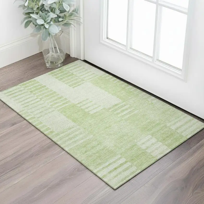 Artichoke Green And Ivory Striped Washable Area Rug With UV Protection Photo 1