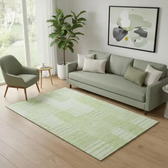 Artichoke Green And Ivory Striped Washable Area Rug With UV Protection Photo 1