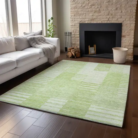 Artichoke Green And Ivory Striped Washable Area Rug With UV Protection Photo 5