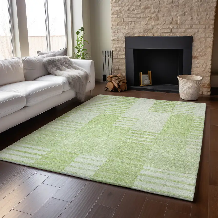 Artichoke Green And Ivory Striped Washable Area Rug With UV Protection Photo 5