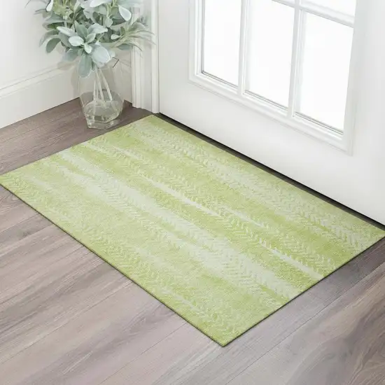 Artichoke Green And Ivory Striped Washable Area Rug With UV Protection Photo 1