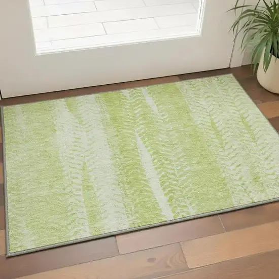 Artichoke Green And Ivory Striped Washable Area Rug With UV Protection Photo 2