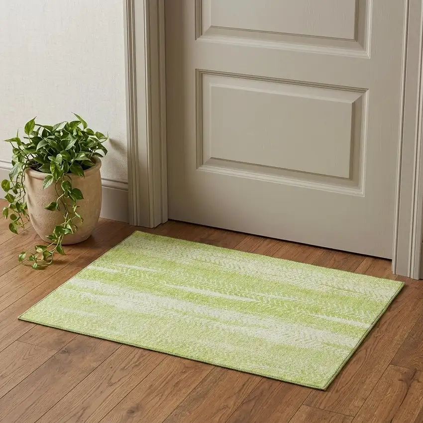 Artichoke Green And Ivory Striped Washable Area Rug With UV Protection Photo 1