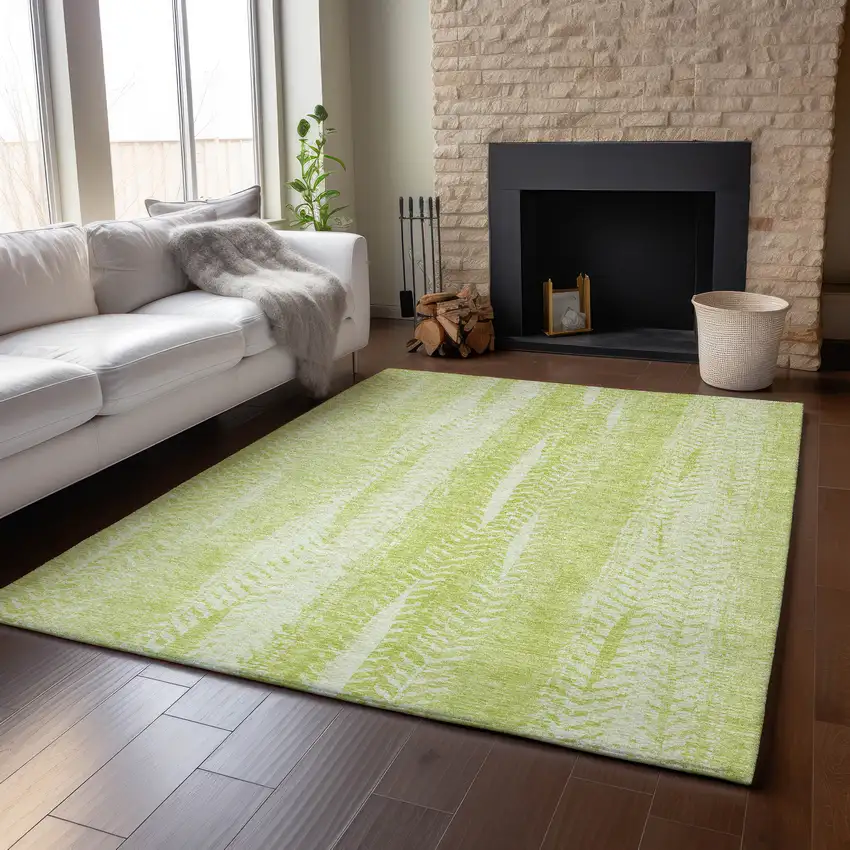 Artichoke Green And Ivory Striped Washable Area Rug With UV Protection Photo 5