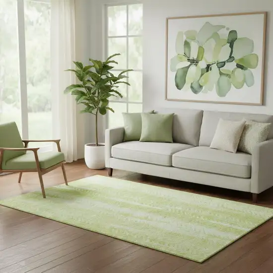 Artichoke Green And Ivory Striped Washable Area Rug With UV Protection Photo 1