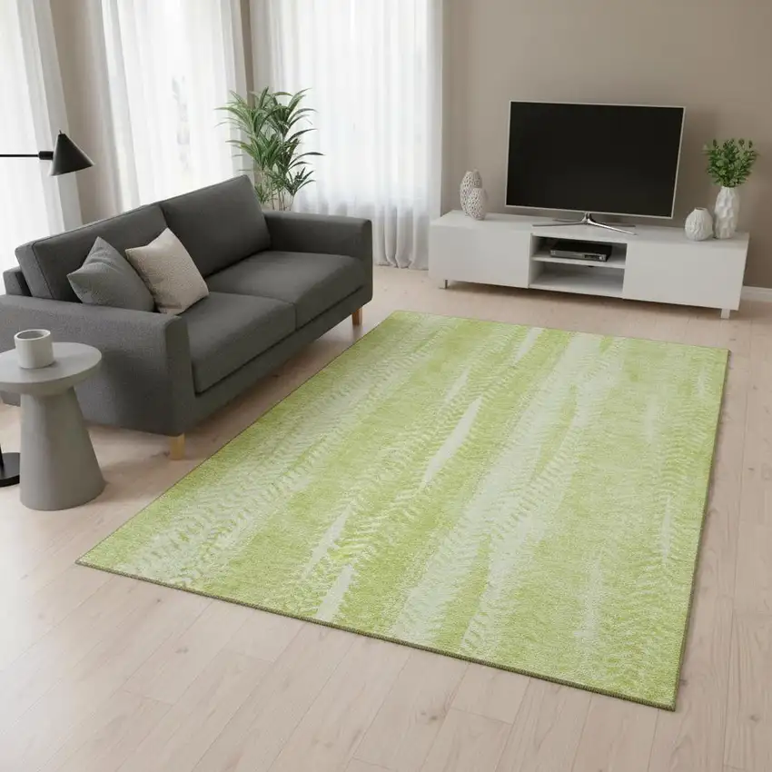 Artichoke Green And Ivory Striped Washable Area Rug With UV Protection Photo 1