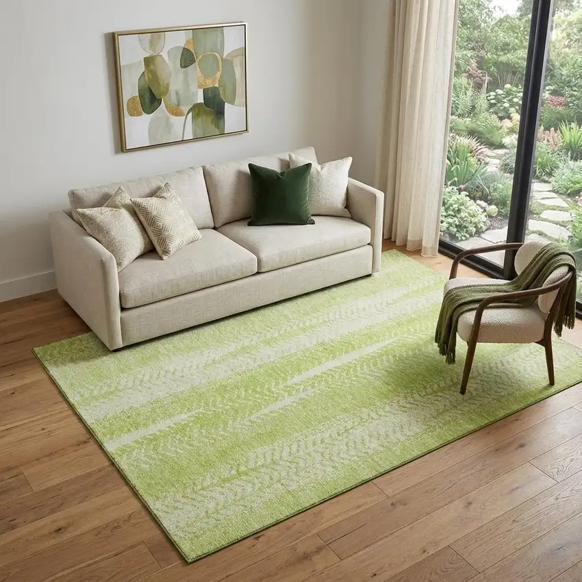 Artichoke Green And Ivory Striped Washable Area Rug With UV Protection Photo 1