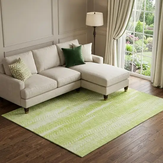 Artichoke Green And Ivory Striped Washable Area Rug With UV Protection Photo 1