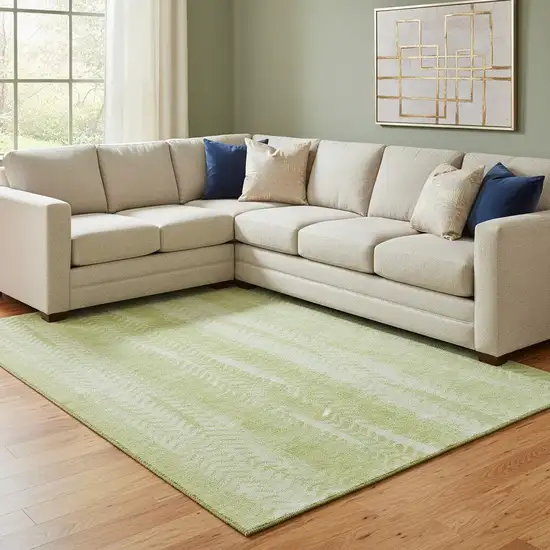 Artichoke Green And Ivory Striped Washable Area Rug With UV Protection Photo 1