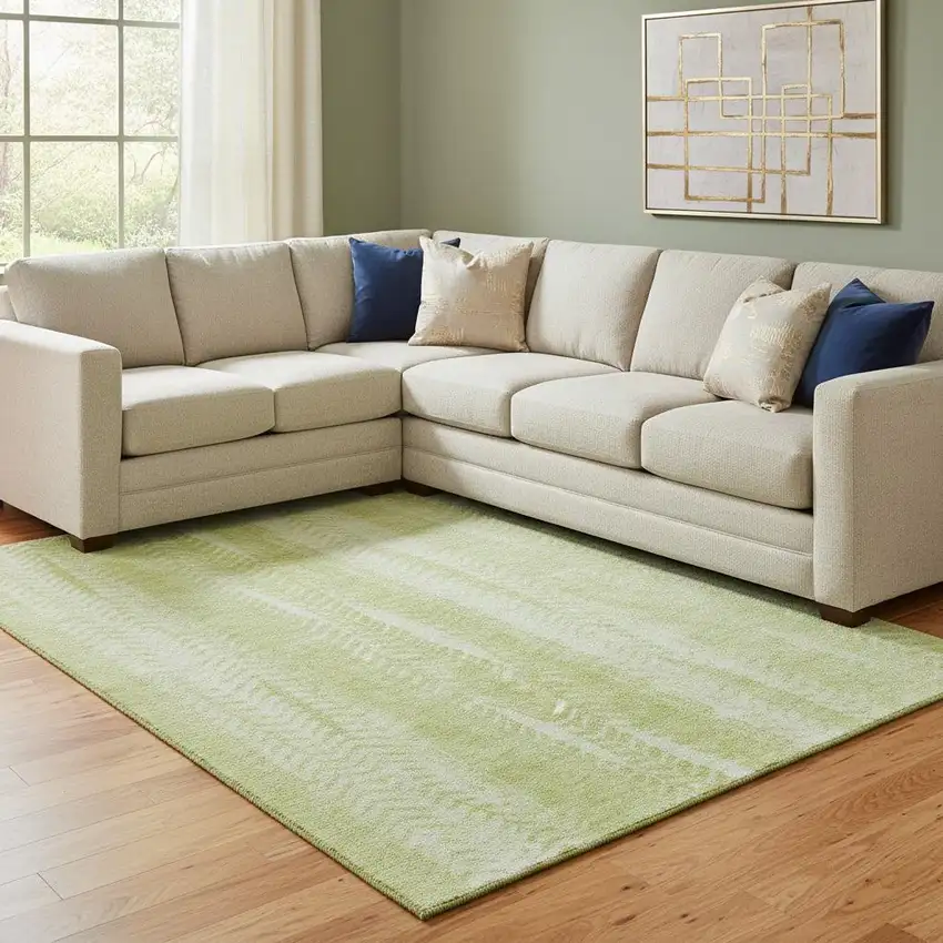 Artichoke Green And Ivory Striped Washable Area Rug With UV Protection Photo 1