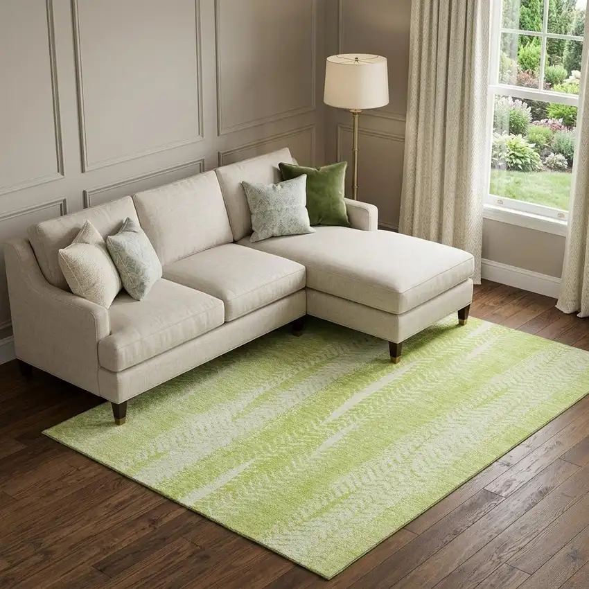 Artichoke Green And Ivory Striped Washable Area Rug With UV Protection Photo 1