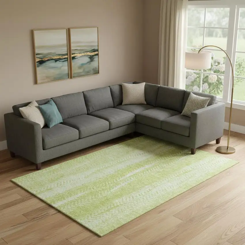 Artichoke Green And Ivory Striped Washable Area Rug With UV Protection Photo 2