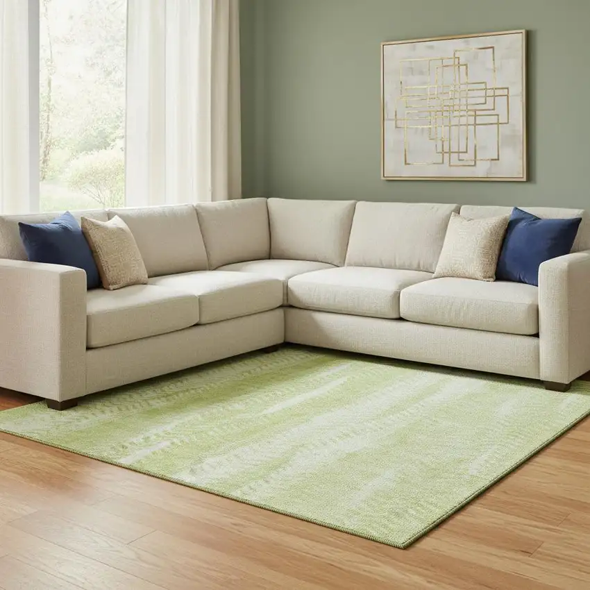 Artichoke Green And Ivory Striped Washable Area Rug With UV Protection Photo 1