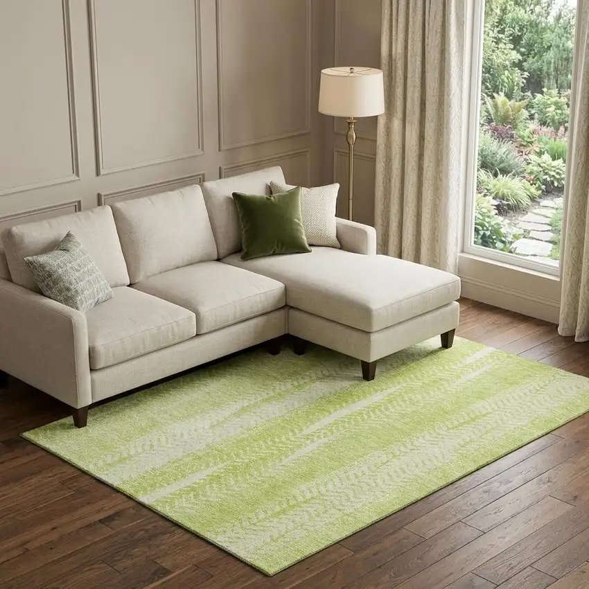 Artichoke Green And Ivory Striped Washable Area Rug With UV Protection Photo 1